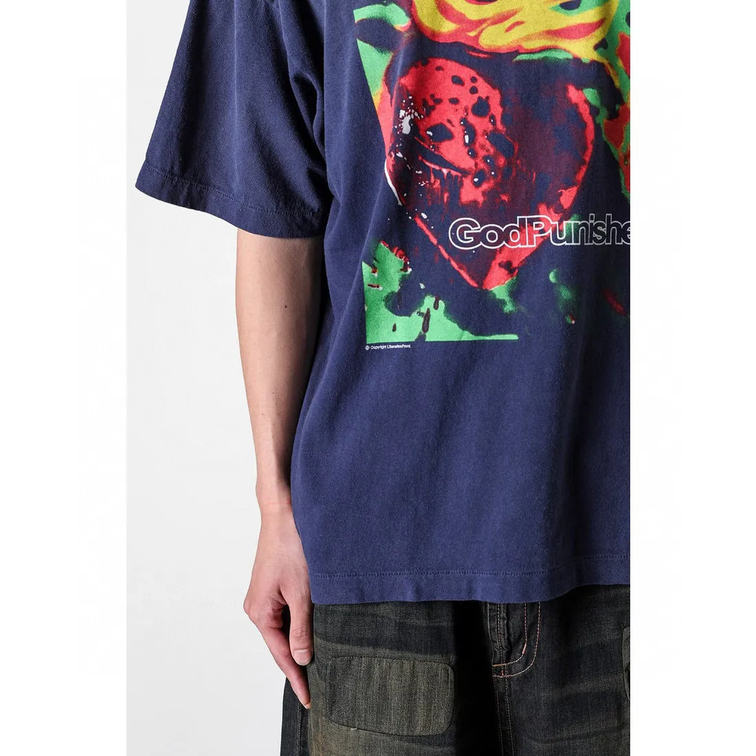 SAINT Mxxxxxx DEAD SAINT SS TEE/NAVY DEAD SAINT printed short sleeves God's Punishment TEE Washed blue S-XL Genuine consistent tube weaving without side seams High weight OE yarn fabric Assute dyeing Multiple horse fades Heavy wash water Worn holes Original consistent main mark/wash mark/little angel anti-counterfeiting mark